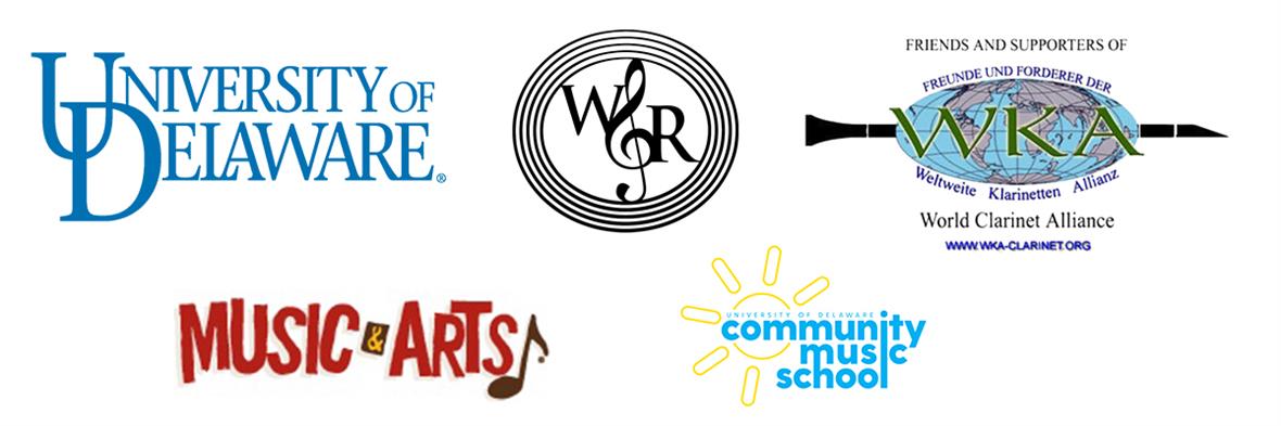 sponsor logos: university of dewalre, rice clarinet works, world clarinet alliance, music & Arts, community music school