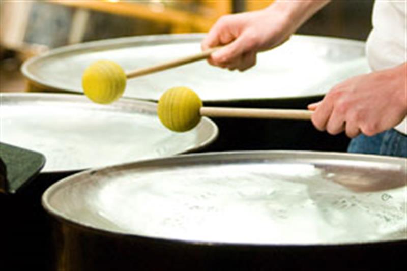 close-up image of steel drums
