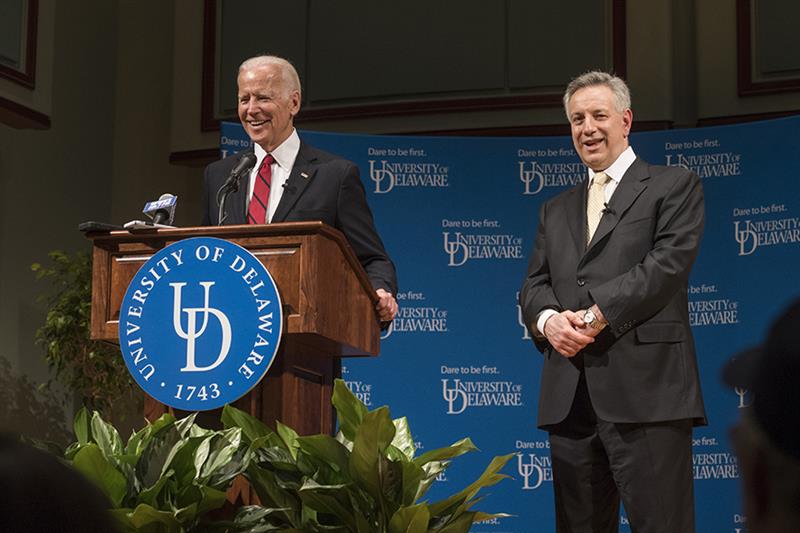 Joe Biden and Dennis Assanis in Gore Recital Hall