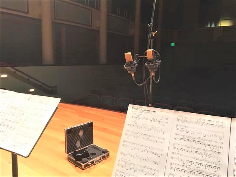 stage of gore recital hall with recording equipment
