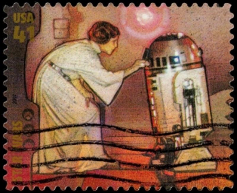 postage stamp with princess leia and artoo detoo