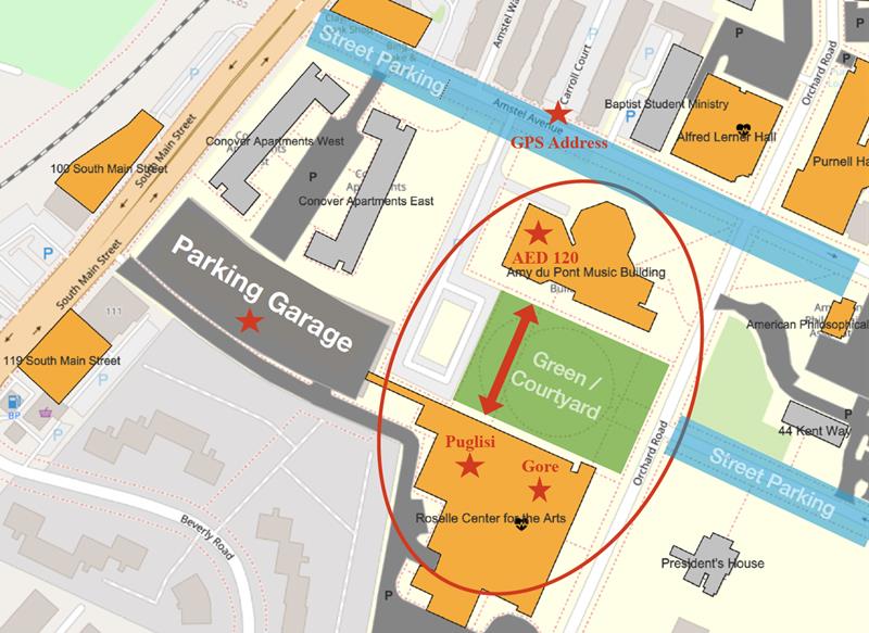 Map showing parking garage and music buildings