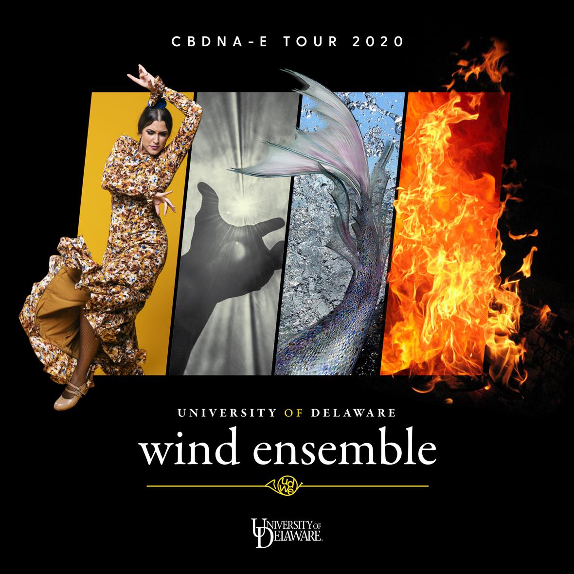 Cover of the 2020 tour booklet with images of a flamenco dancer, the shadow of a hand, a fish tail, and fire